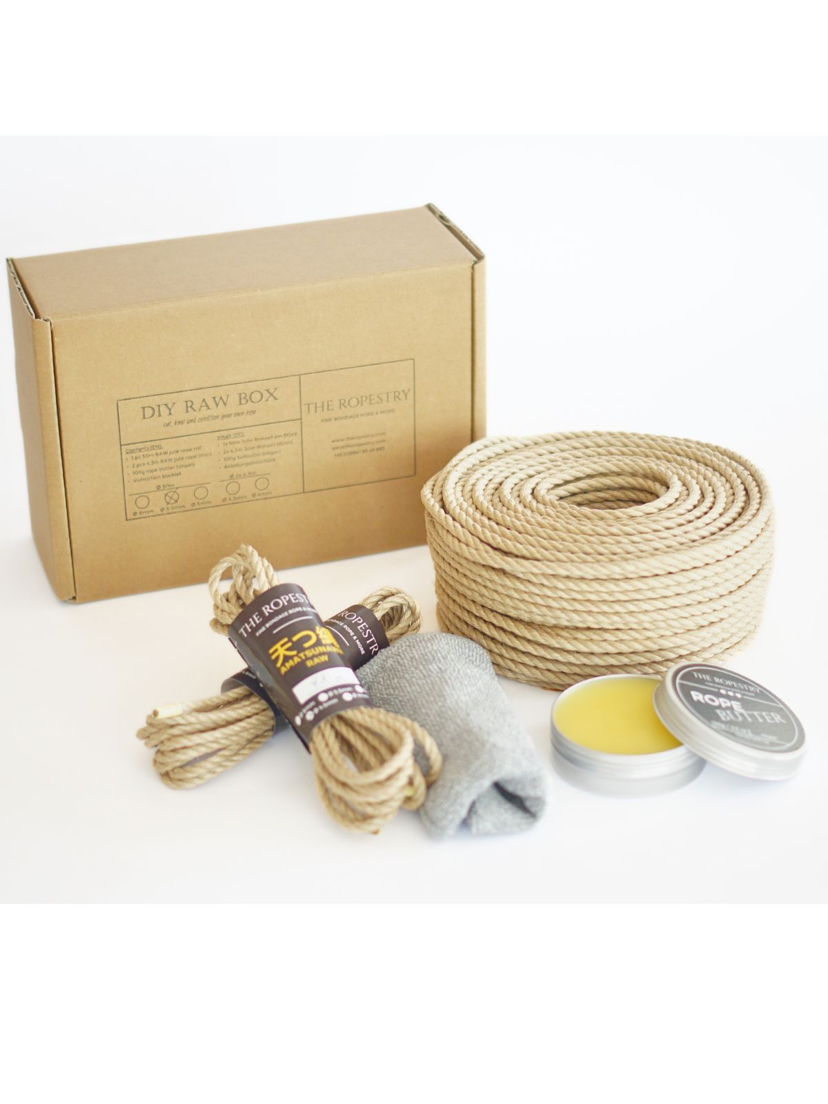 DIY RAW BOX - 50 m raw rope, 2x 4.3 m thin ropes, rope butter, storage box, instruction booklet and FREE microfibre cloth