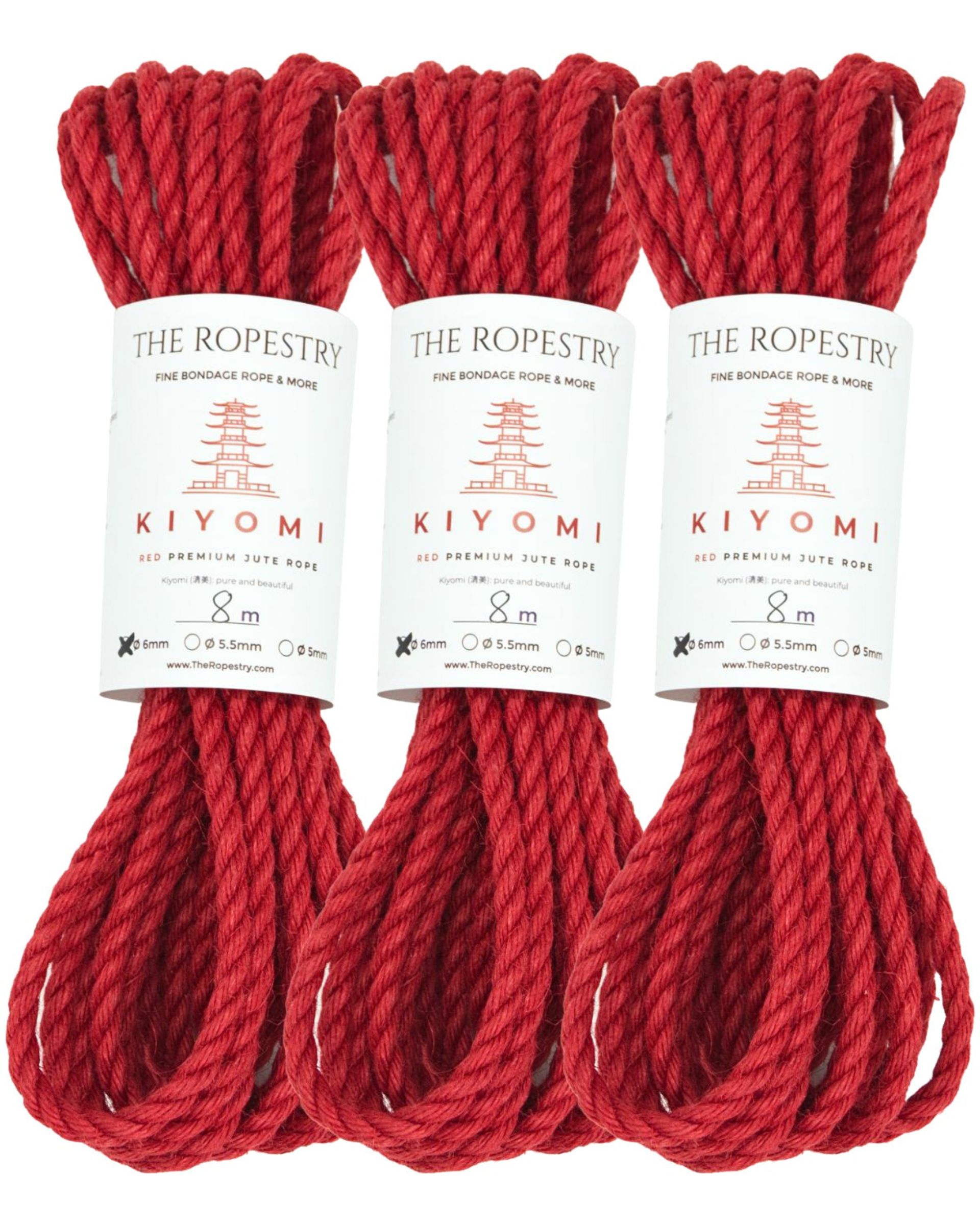 Shibari Set "RED DELIGHT" | 3x 8m KIYOMI RED 6/0 Ropes + 2x 6m KIYOIMI RED 5/0 Ropes + VEGAN Rope Butter, Rope Oil, 3x Care Cloth and Cotton Blindfold "Poppyflower"