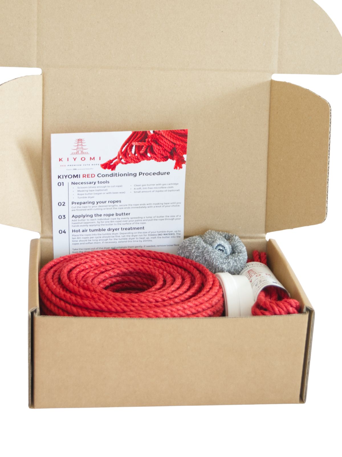 KIYOMI RED DIY RAW BOX - 50m raw red jute rope, 2x 4.3m ø5mm ropes, rope butter, storage box, instructions and FREE microfibre cloth