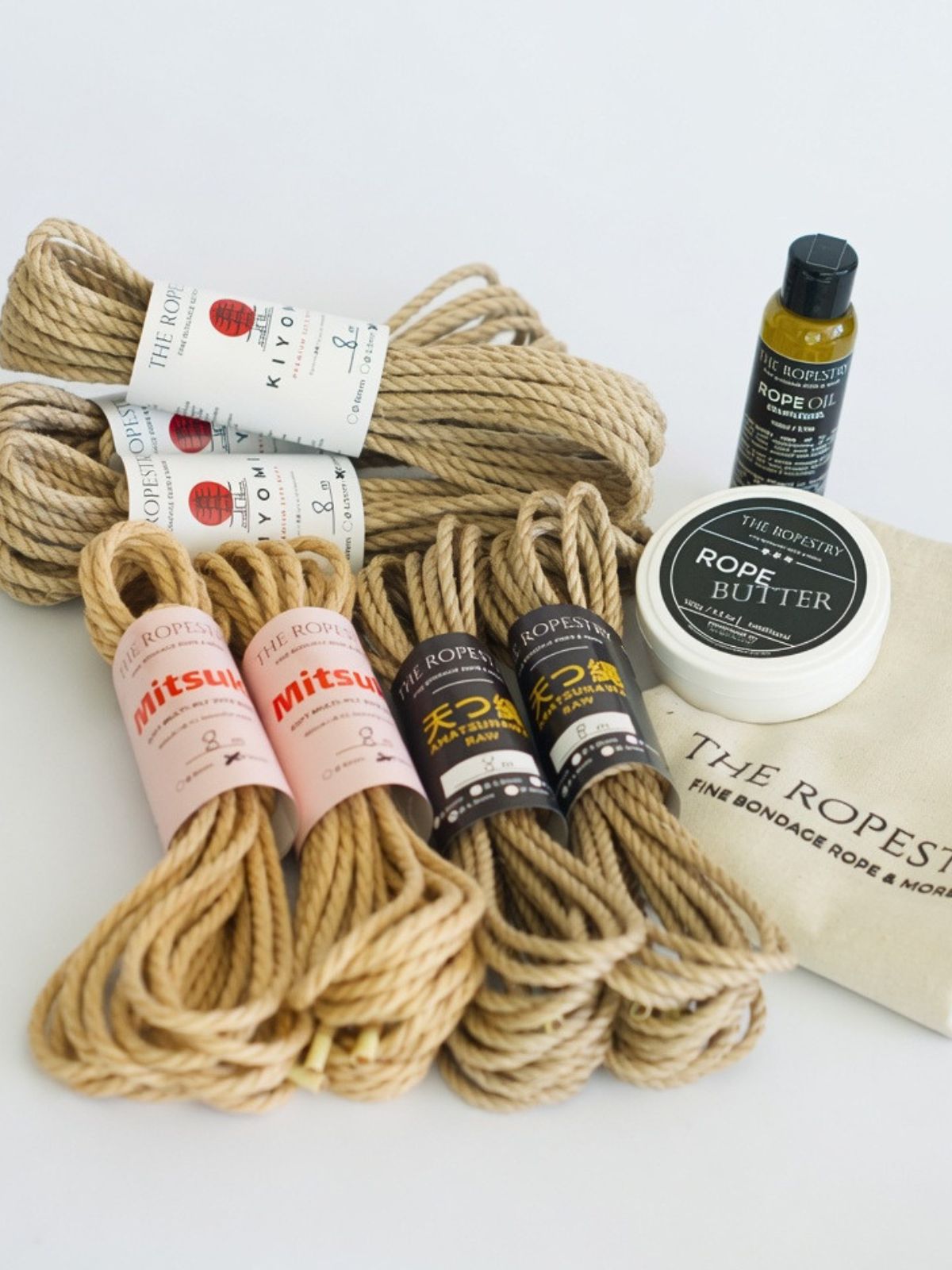 Shibari Set "Fine Line Mastery" | 3x 8m KIYOMI 5/0 Ropes + 2x 8m Mitsuki 5/0 Ropes + 2x 8m AMATSUNAWA RAW 4/5 Ropes, Traditional Rope Butter, Rope Oil and Storage Bag