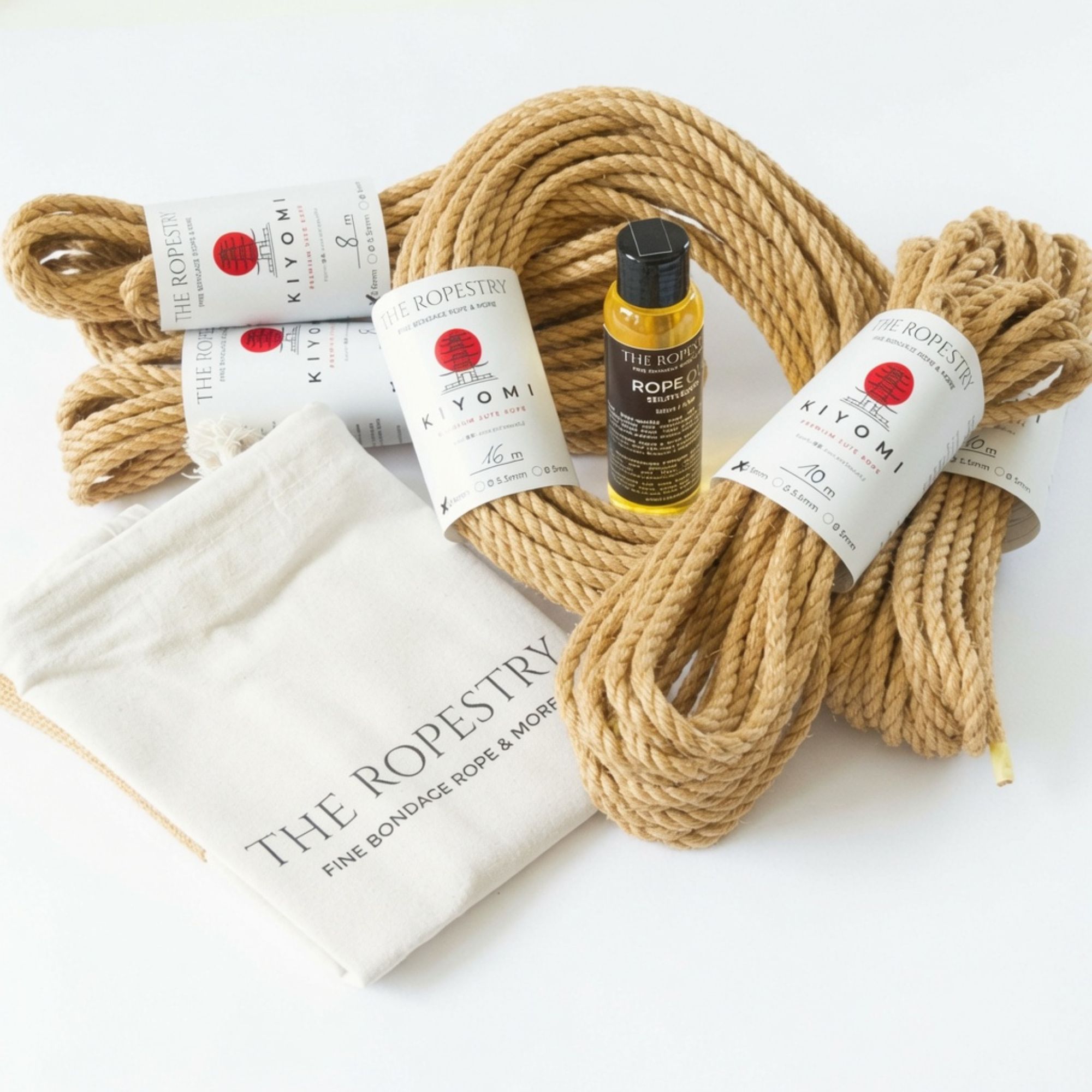 Shibari Set "Upline Ready" - Suspension Starter Kit | 1x16m + 2x10m + 3x8m KIYOMI 6mm Jute Ropes + Rope Oil + Bag