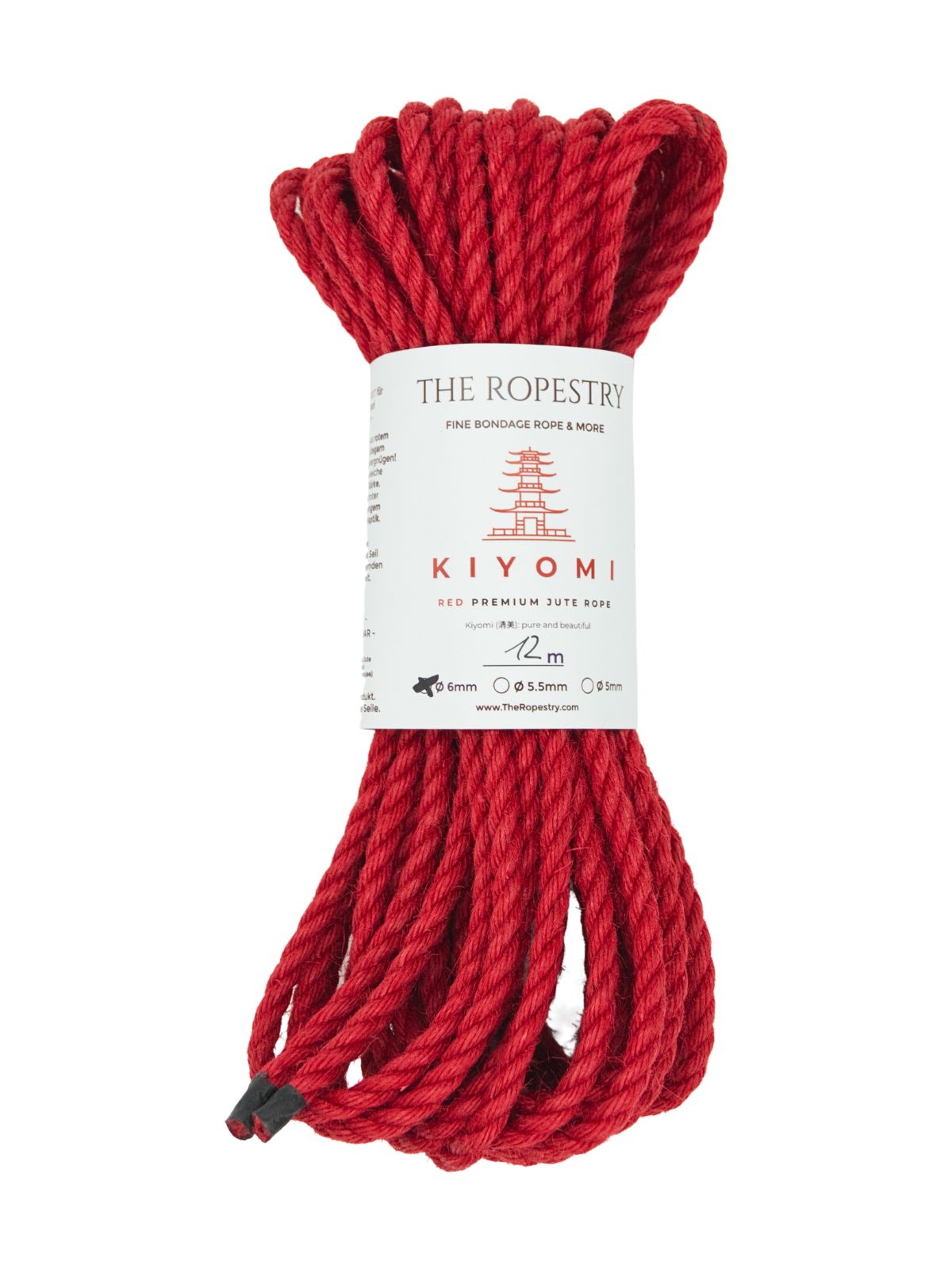 ø 6mm KIYOMI RED strong single-ply Z-twist medium-lay jute rope for Shibari & Kinbaku applications, untreated, JBO-free ø 6mm KIYOMI RED strong single-ply Z-twist medium-lay jute rope for Shibari & Kinbaku applications, untreated, JBO-free