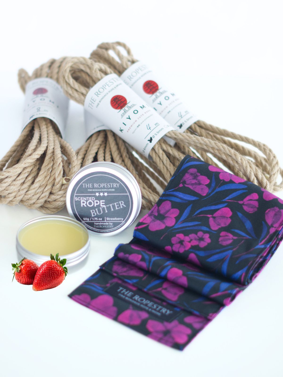 Shibari Starter Kit – April Edition | 2x 4m + 2x 8m Kiyomi 5.5 mm Untreated Jute Ropes + Strawberry Rope Butter + Blindfold