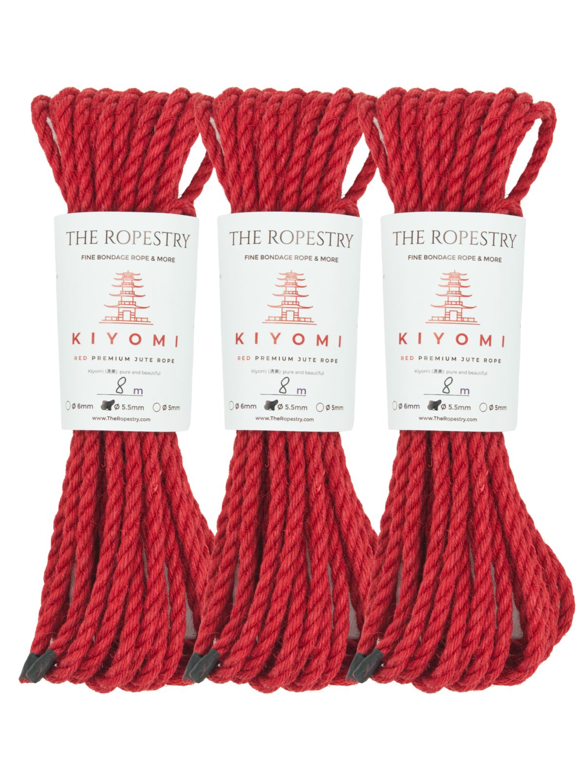 ø 5.5mm KIYOMI RED strong single-ply Z-twist medium-lay jute rope for Shibari & Kinbaku applications, untreated, JBO-free 