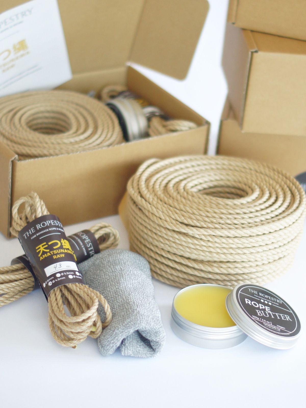 DIY RAW BOX - 50 m raw rope, 2x 4.3 m thin ropes, rope butter, storage box, instruction booklet and FREE microfibre cloth