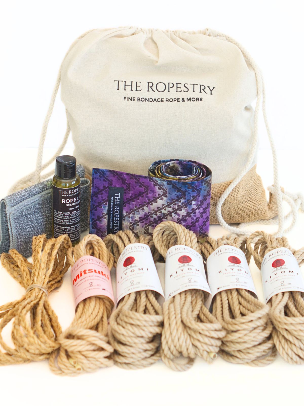 Shibari Set "Sensory Spark" – Prickling Contrasts | 4m Esparto Rope + 4x 8m KIYOMI 6mm Jute Ropes + 1x 8m Mitsuki 5mm Jute Rope + Rope Oil & Cleaning Cloth + Blindfold