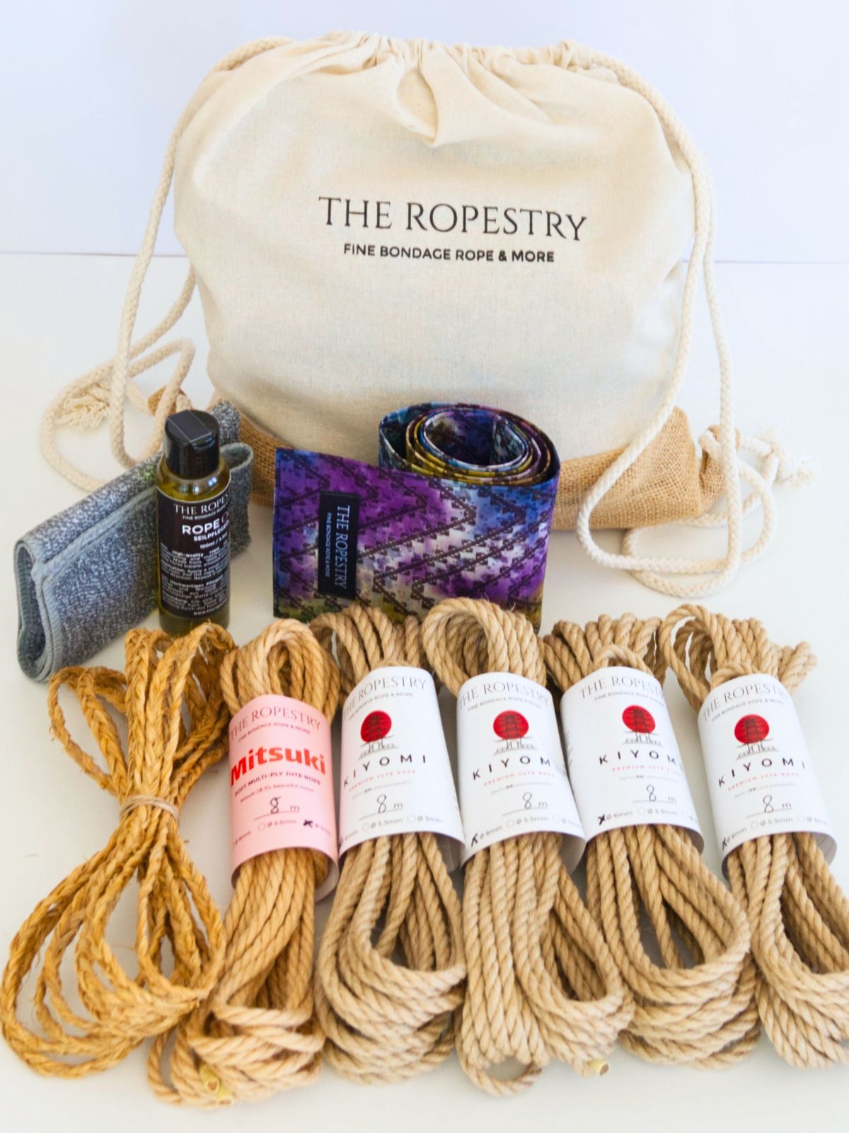 Shibari Set "Sensory Spark" – Prickling Contrasts | 4m Esparto Rope + 4x 8m KIYOMI 6mm Jute Ropes + 1x 8m Mitsuki 5mm Jute Rope + Rope Oil & Cleaning Cloth + Blindfold