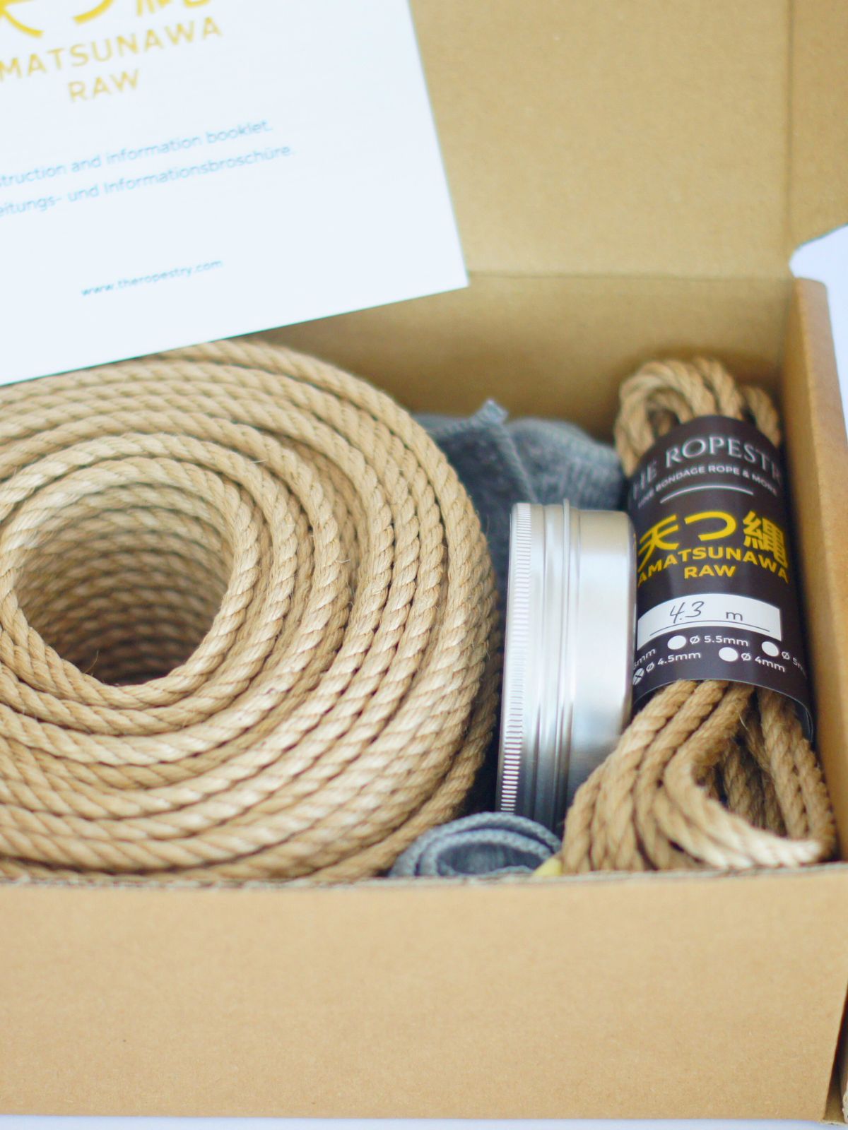 DIY RAW BOX - 50 m raw rope, 2x 4.3 m thin ropes, rope butter, storage box, instruction booklet and FREE microfibre cloth