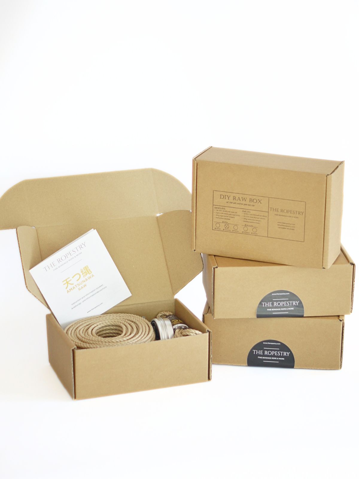DIY RAW BOX - 50 m Juteseilrolle, 2x 4.3 m dünne Juteseile, 100g Seilbutter, Aufbewahrungsbox, Anleitungsbroschüre & KOSTENLOSES MIKROFASERTUCH