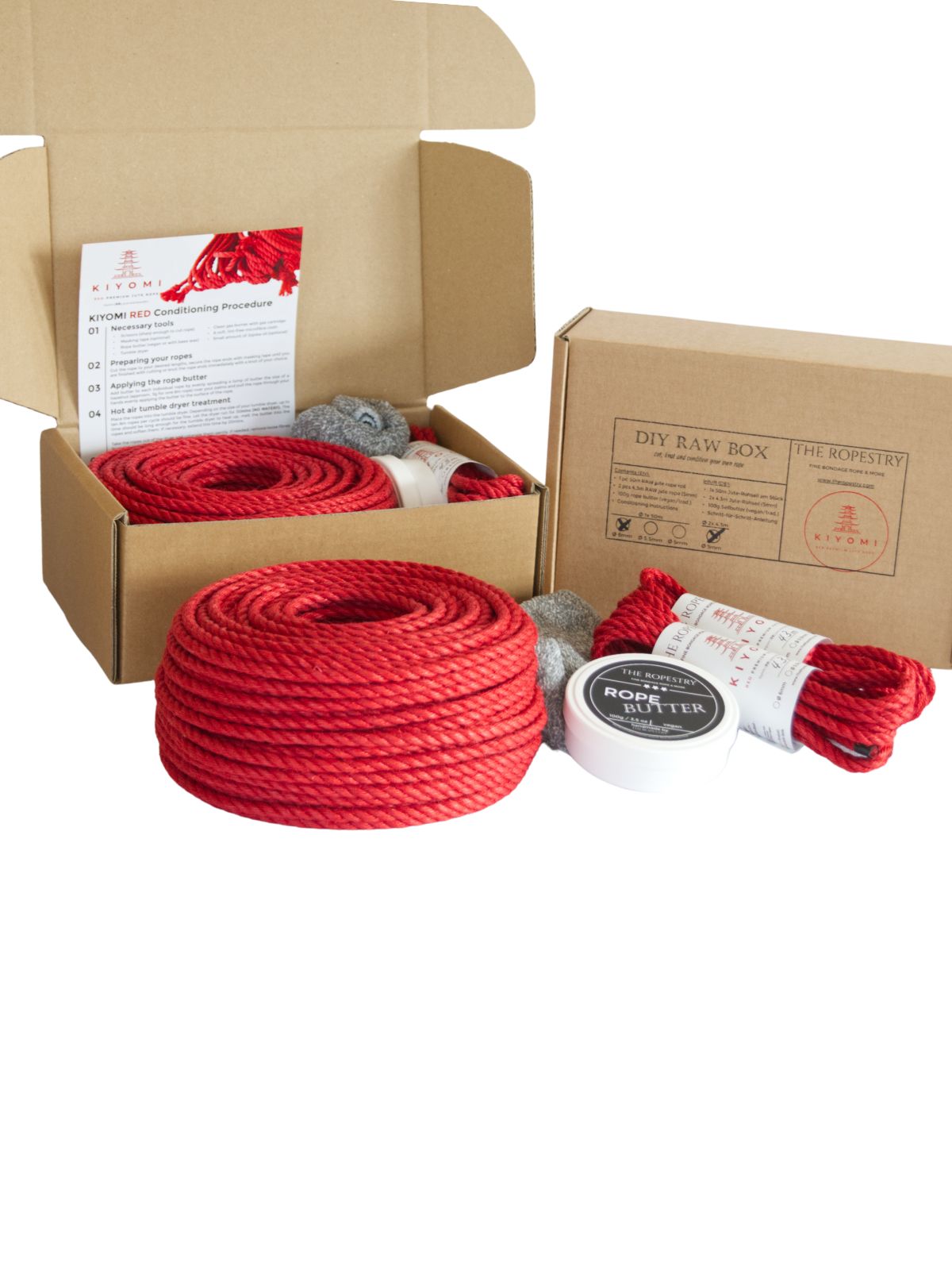 KIYOMI RED DIY RAW BOX - 50m raw red jute rope, 2x 4.3m ø5mm ropes, rope butter, storage box, instructions and FREE microfibre cloth