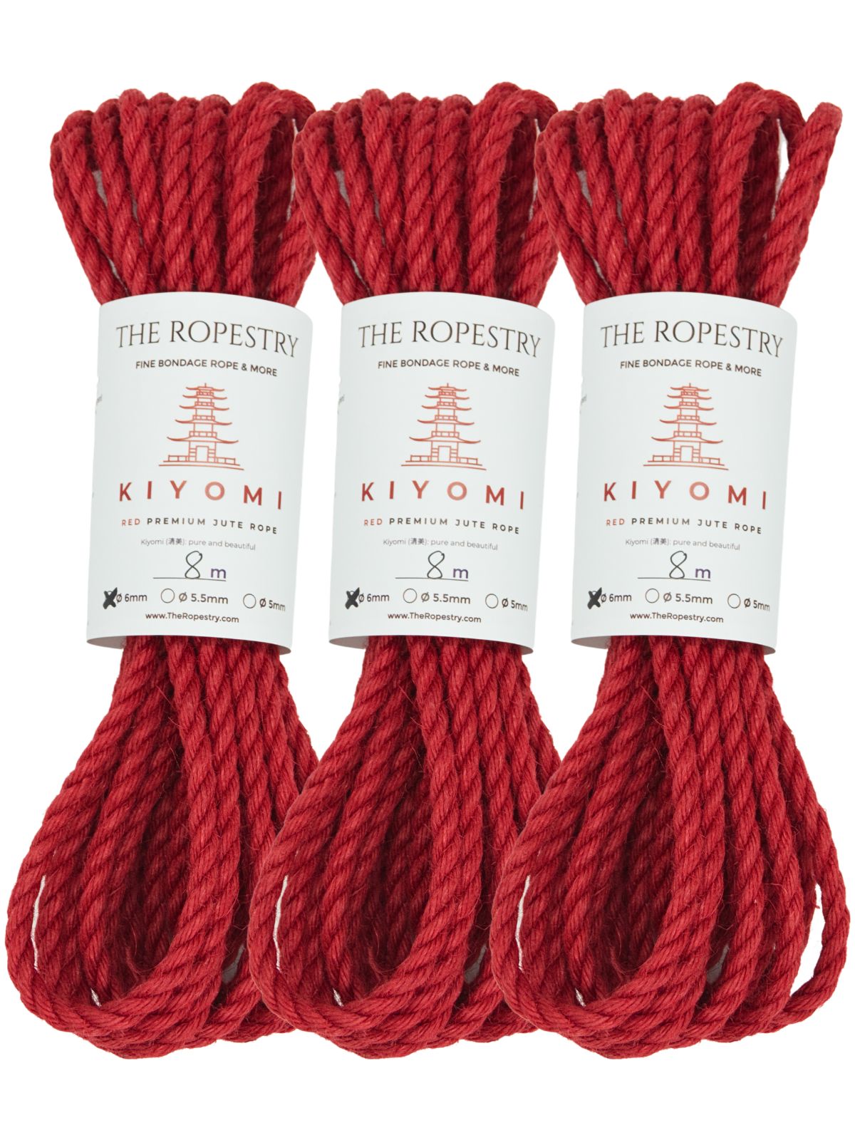 ø 6mm KIYOMI RED strong single-ply Z-twist medium-lay jute rope for Shibari & Kinbaku applications, untreated, JBO-free
