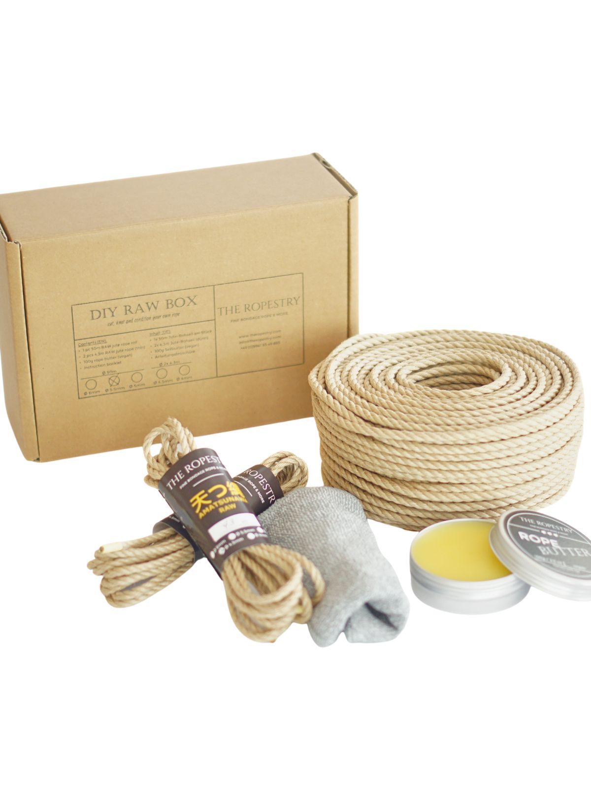 AMATSUNAWA RAW DIY RAW BOX - 50 m raw rope, 2x 4.3 m thin ropes, rope butter, storage box, instruction booklet and FREE microfibre cloth