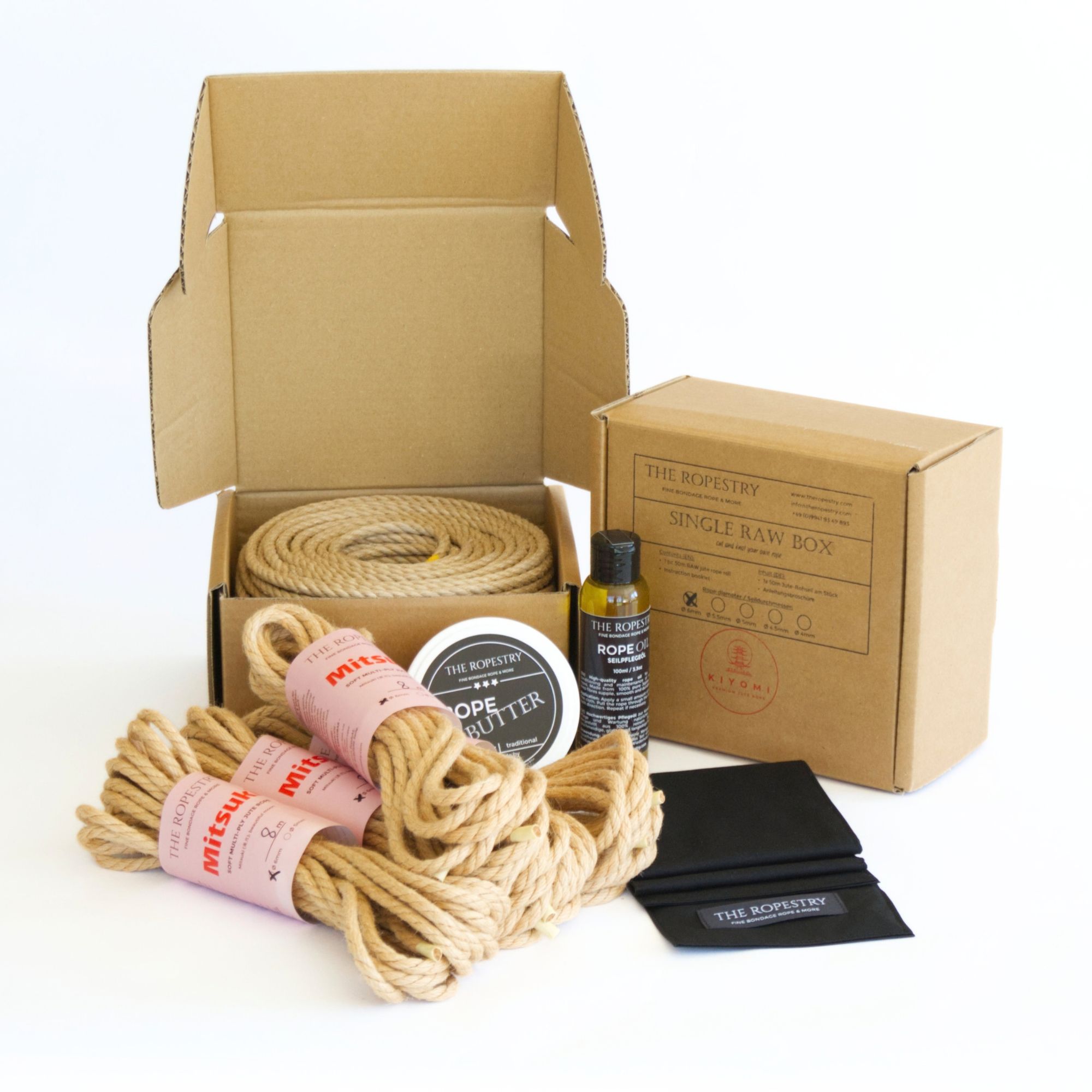 Shibari Set "Dual Lay Synergy" | 1x 50m KIYOMI 6mm Raw Roll + 4x 8m Mitsuki 6/0 + Traditional Rope Butter + Jojoba Rope Oil + Black Blindfold | TheRopestry